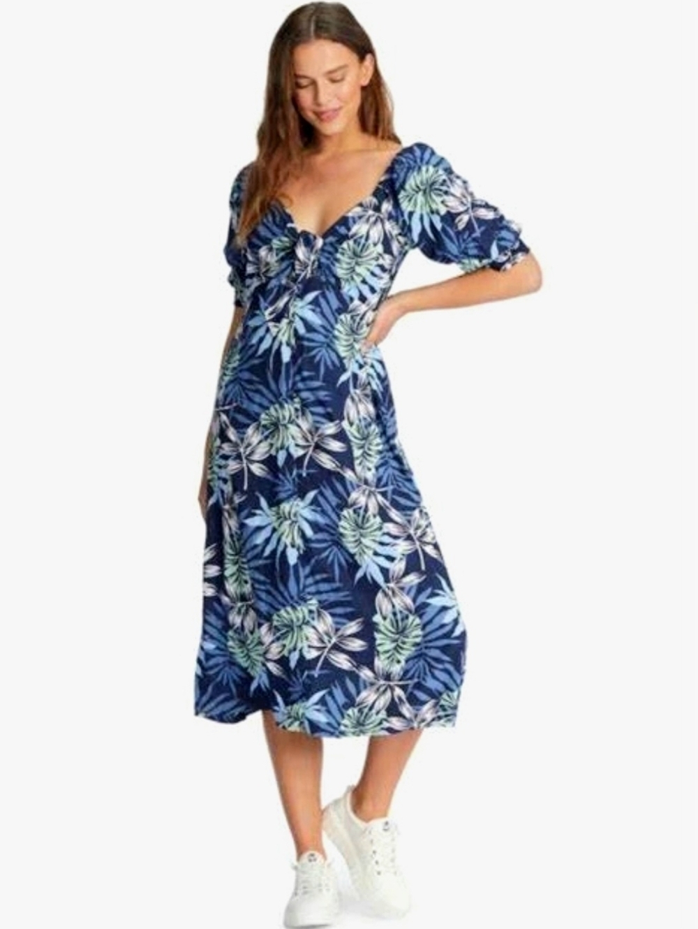 Blue Tropical Print Midi Dress V-tie Front And Puff Sleeve
